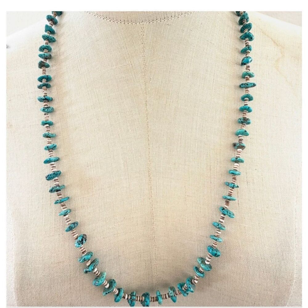 Southwestern Turquoise Nugget & Shell Heishi Necklace – Sterling Clasp